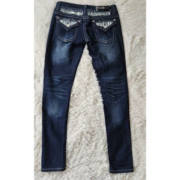 Premiere Rue 21 Denim Jeans Dark Stone Wash Sequin Rhinestones - Picture 3 of 13